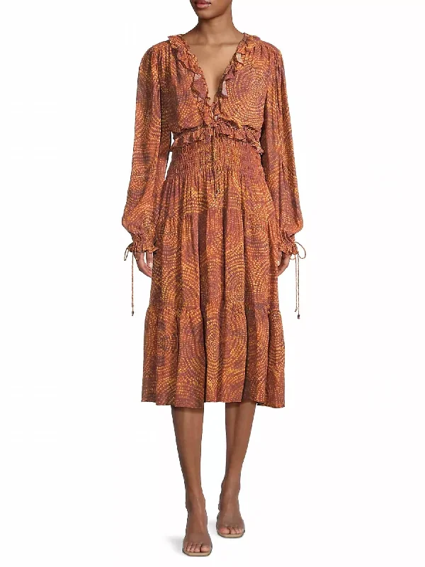 Mega Sale Sand Garden Print Georgette Midi-Dress In Brown Multi