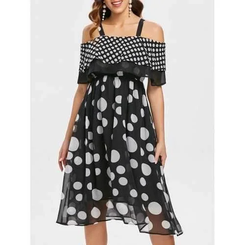 Exclusive Access Open Shoulder Polka Dot Dress - Black L