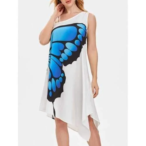 Overstock Sale One Shoulder Asymmetrical Butterfly Print Dress - White M