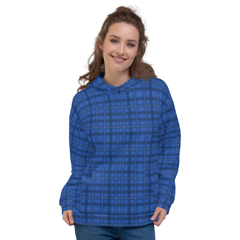 New Markdowns Royal Blue Plaid Unisex Hoodie, Women's Tartan Plaid Print Women's Sweatshirt-Made in EU/MX