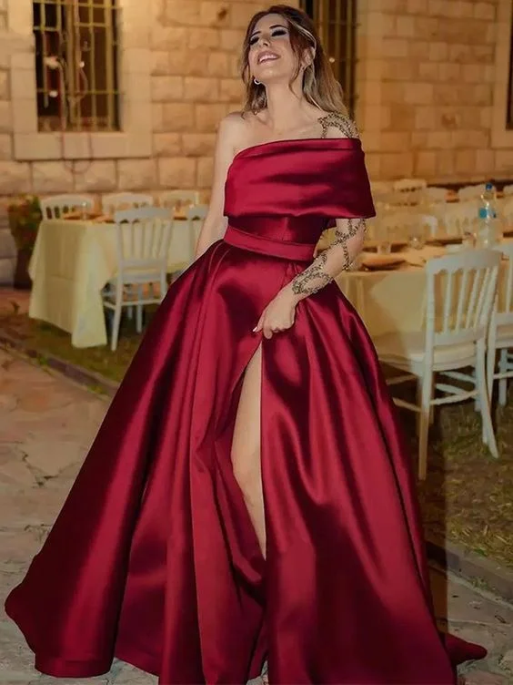 Deal Explosion A-Line/Princess Satin Ruffles One-Shoulder Sleeveless Sweep/Brush Train Evening Dress  Y5537
