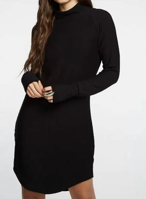 Deal Zone Cozy Knit L/s/ Raglan Turtleneck Shirttail Mini Dress In Black