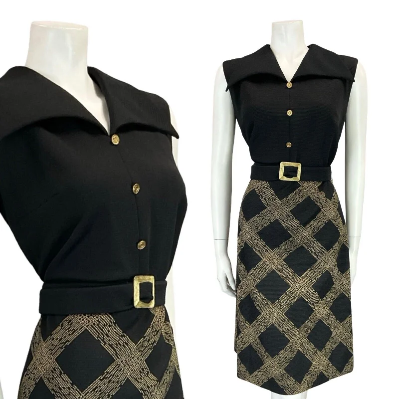 Don't Miss VTG 60S 70S BLACK GOLD CHECKED BELTED WING COLLAR SLEEVELESS SHRT DRESS 14 16
