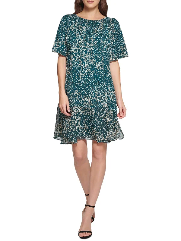 Savings Alert Womens Abstract Floral Gathered Neckline Shirtdress
