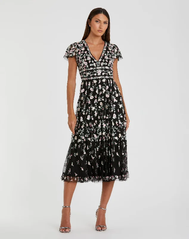 Special Discount Black Multicolor Embroidered V Neck Cap Sleeve Midi Dress