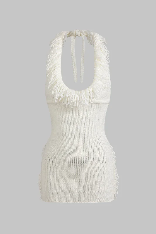Closeout Sale Knit Fringe Knotted Halter Neck Backless Dress