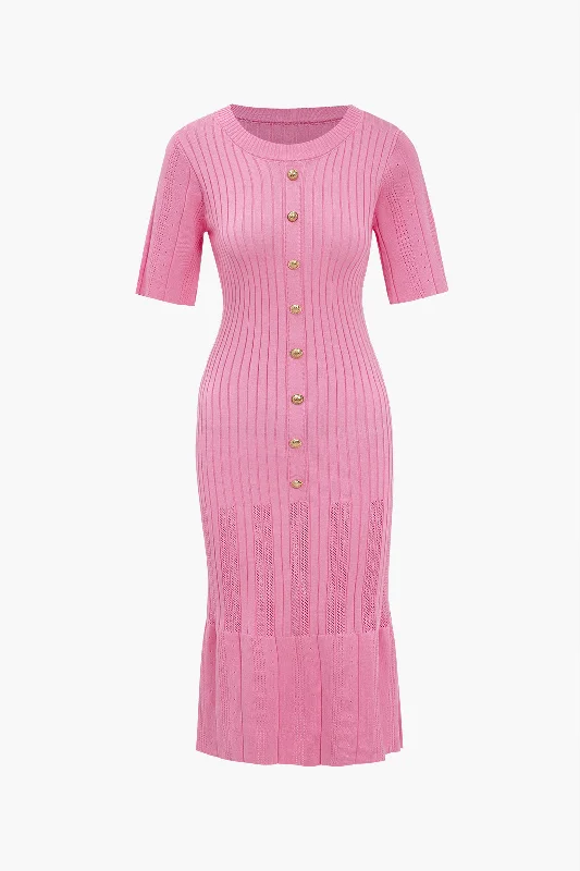 Exclusive Access Solid Knit Button Round Neck Short Sleeve Dress