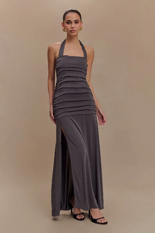 Deep Discounts Bentley Peached Jersey Halter Maxi Dress - Charcoal