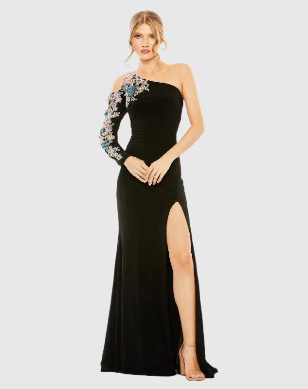 Best Deals Black One Shoulder Long Sleeve Floral Embellished Gown