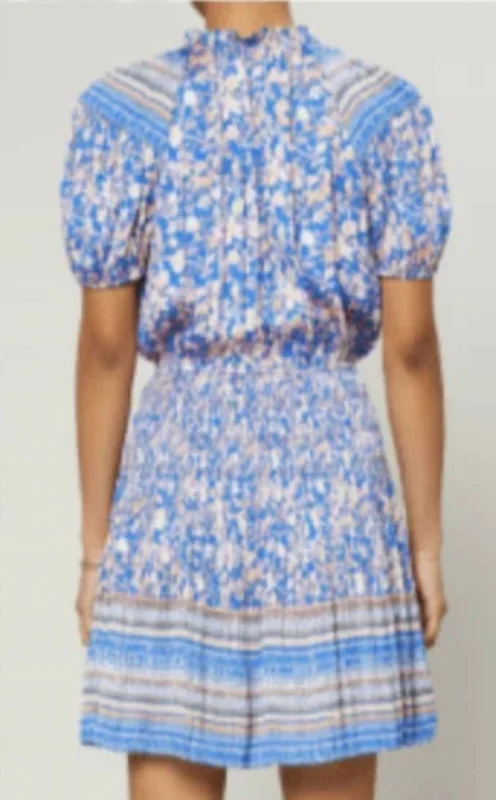 Limited Availability Border Printed S-Slv Ruffled Split Neck W/ Tie Mini Dress In Blue Floral Multi