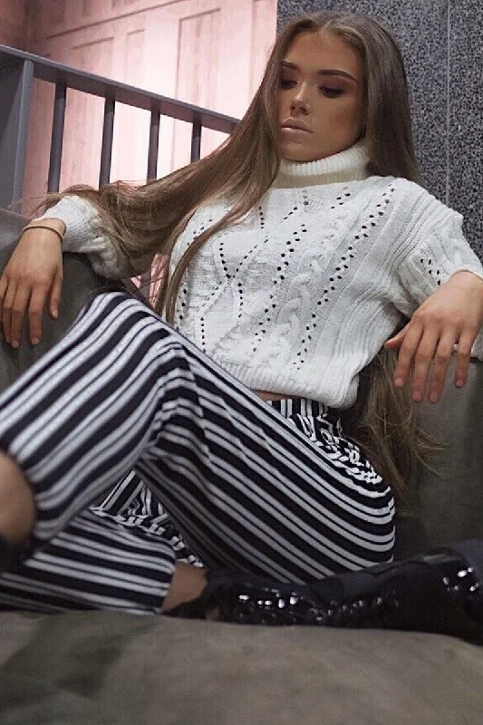 Stock Clearance Cream High Neck Cropped Cable Knit Jumper - Sandria