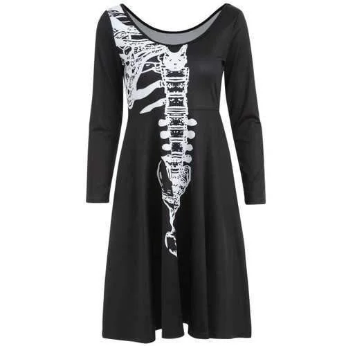 While Supplies Last Halloween Skeleton Print A Line Dress - Black S