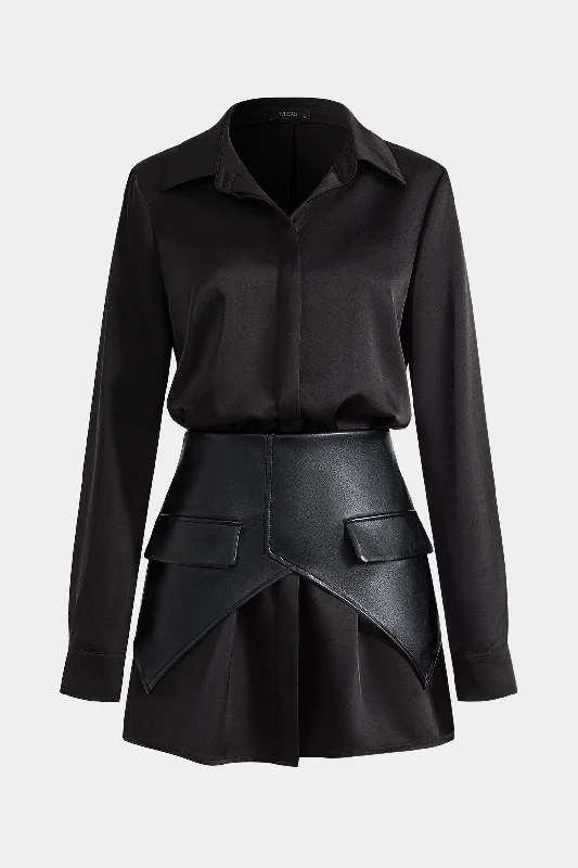 Price Blitz Satin Faux Leather Pocket Button Zipper Long Sleeve Mini Dress