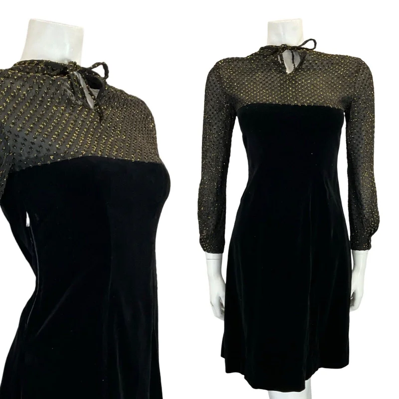 Daily Deals VTG 60S 70S BLACK VELVET MESH GOLD POLKA DOT EVENING PARTY KEYHOLE MINI DRESS 8