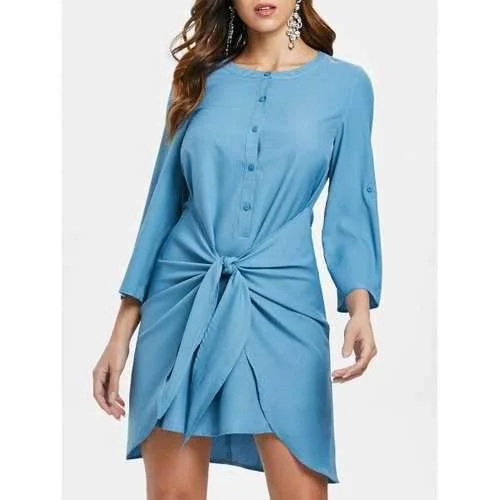 Don’t Miss Out Buttons Knotted Mini Dress - Blue Ivy S