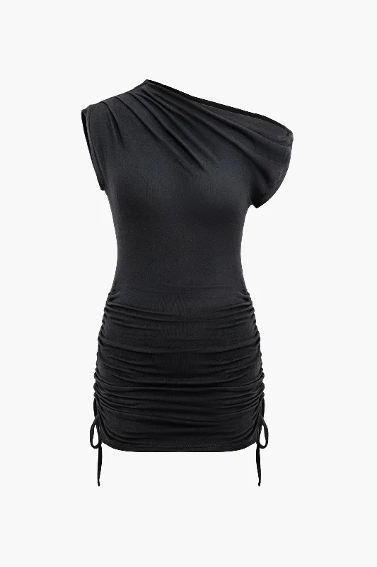 Year-End Sale Ruched Asymmetry Neck Tie Knot Mini Dress
