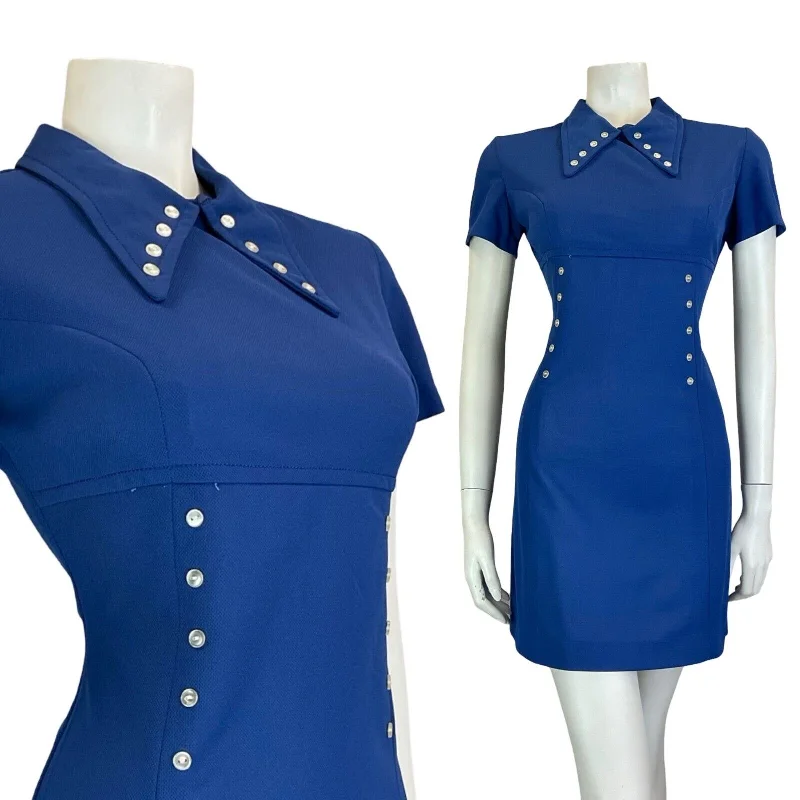 Limited Availability VTG 60S NAVY BLUE WHITE BUTTON DAGGER COLLAR SHORT SLEEVE MINI DRESS SIZE 10