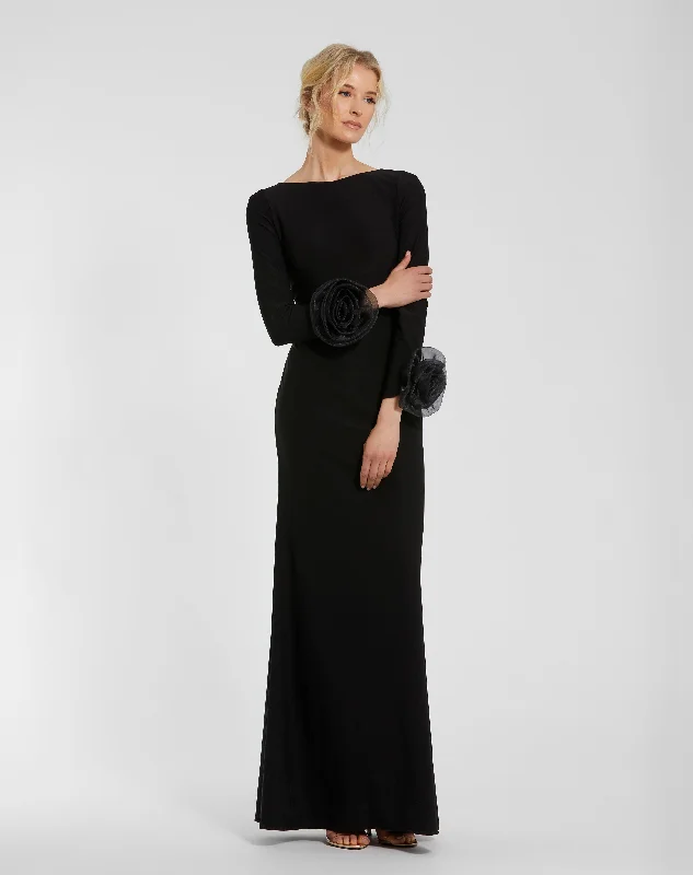 Amazing Deals Black Long Sleeve Fitted Jersey Gown With 3D Flowers