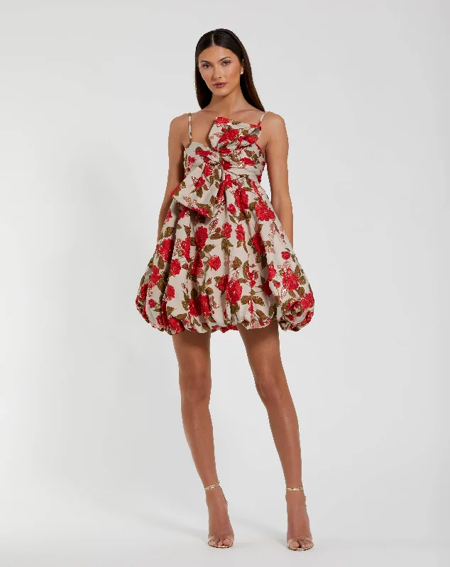 Exclusive Online Offer Brocade Thin Strap Puff Mini Dress With Bow