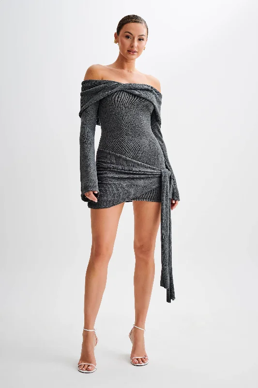 Savings Alert Camryn Off Shoulder Tie Knit Mini Dress - Charcoal