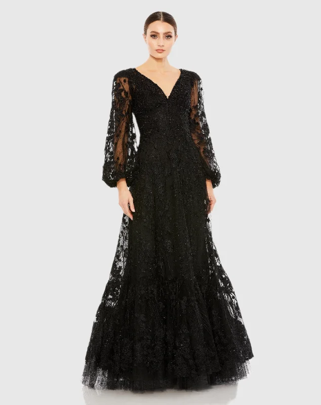 Super Sale Black Puff Sleeve A-Line Embroidered Gown