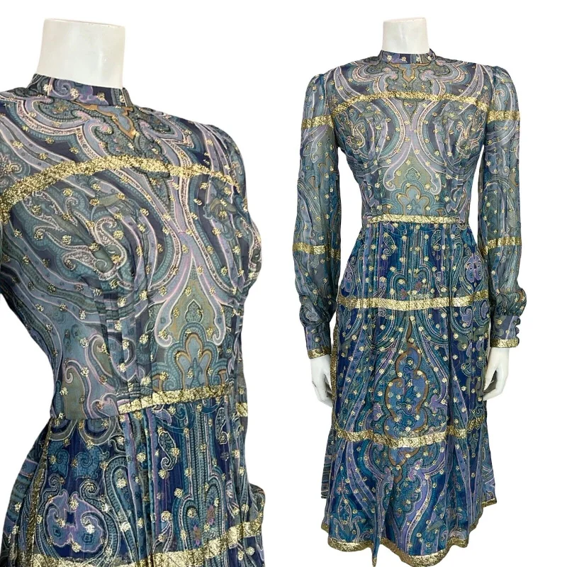 Markdowns VTG 60S 70S PSYCHEDELIC BLUE PURPLE GOLD MANDALA HIPPY TUNIC LONG SLEEVE DRESS 6