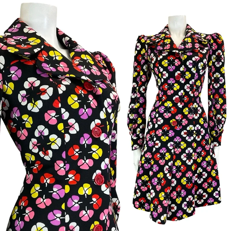 Markdowns VTG 60S 70S CLOVER PSYCHEDELIC BLACK WHITE PINK PURPLE LONG SLEEVE MINI DRESS 10 Markdowns VTG 60S 70S CLOVER PSYCHEDELIC BLACK WHITE PINK PURPLE LONG SLEEVE MINI DRESS 10