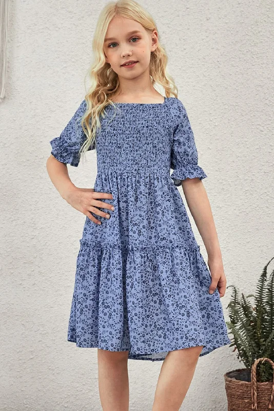 Value Deals Girls Printed Smocked Flounce Sleeve Dress