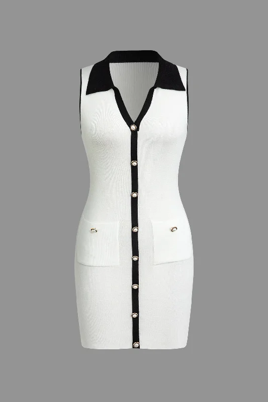 Super Sale Contrast Button Up Collared Sleeveless Knit Mini Dress