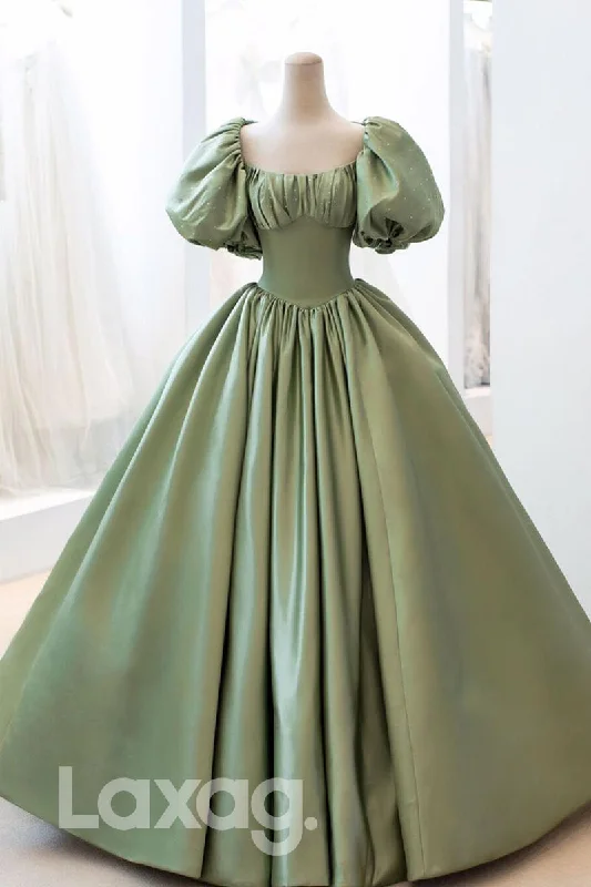 While Supplies Last 17760 - Scoop Short Sleeves Green Satin Long Prom Ball Gown