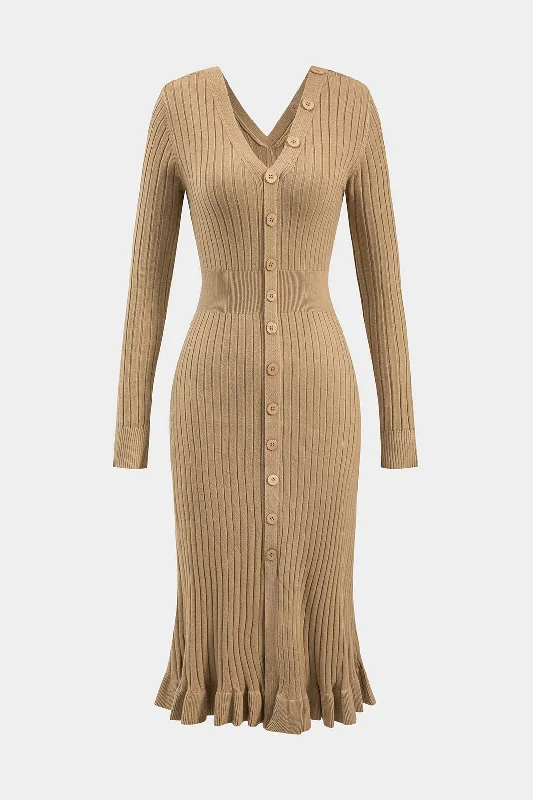 Bonus Savings Knit Button V-Neck Long Sleeve Dress