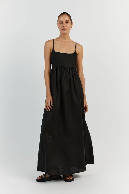 Quick Sale SUNNY BLACK LINEN MIDI DRESS