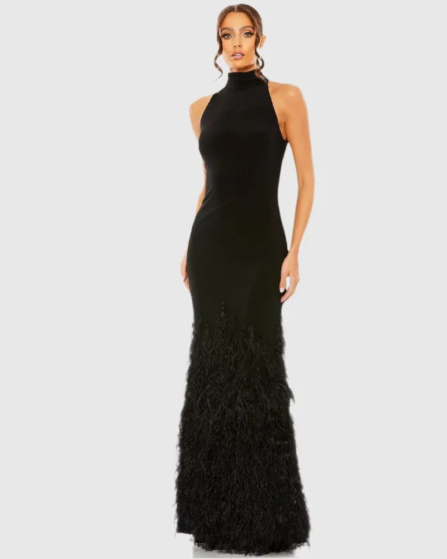 Super Deal Jersey Halter Gown with Feather Tiered Detail