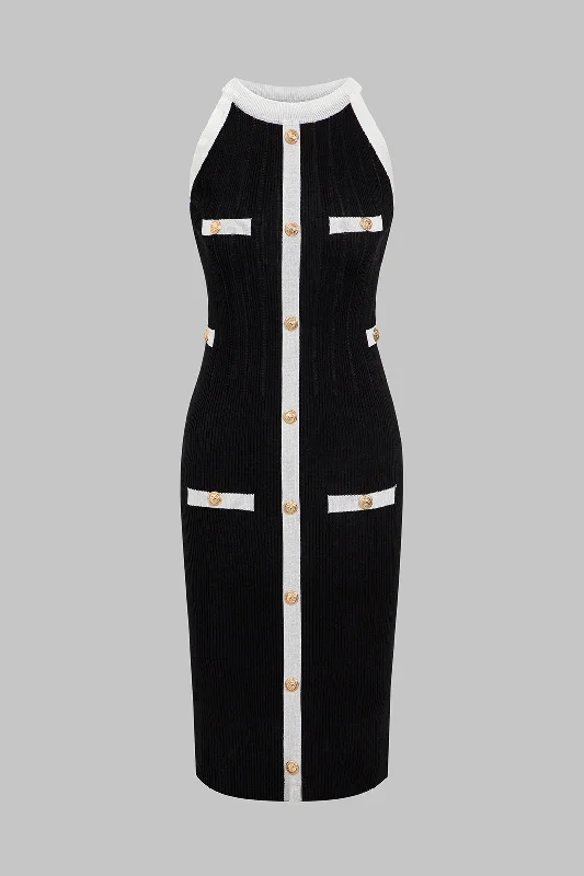Instant Savings Knit Button Round Neck Sleeveless Dress