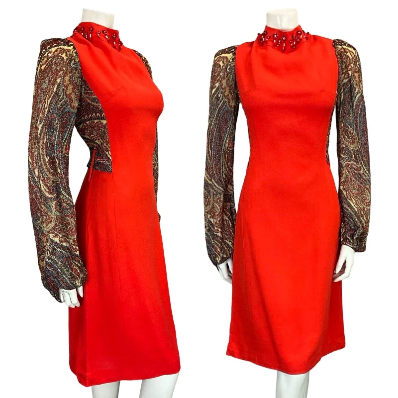 Weekend Deal VTG 60S 70S RED CREAM BEADED PSYCHEDELIC PAISLEY LUREX LONG SLEEVE DRESS 4