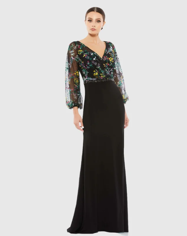 Big Savings Embroidered Illusion Puff Sleeve Column Gown