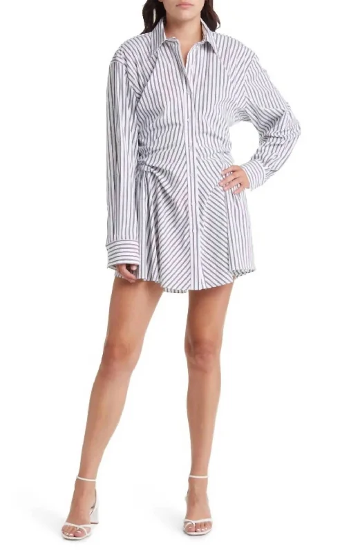Extra Savings Striped Shirred Ruched Shirt Dress In White/black