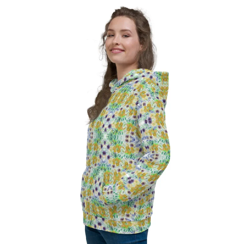 Blowout Sale Yellow Floral Unisex Hoodie, Best Flower Print Sweatpants For Men and Women-Made in EU