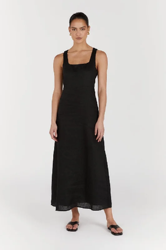 Take Advantage SHANNON BLACK LINEN MIDI DRESS