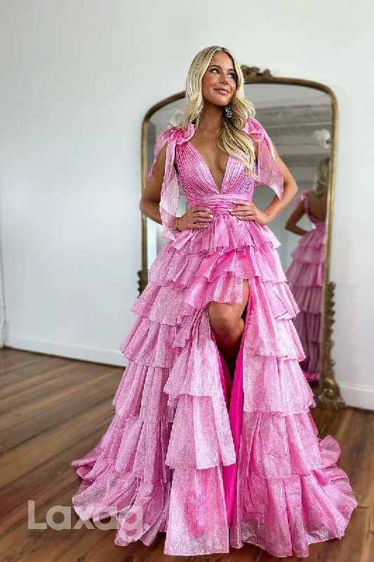 Midnight Madness 16755 -  A Line Deep V neck Tiered Pink Long Semi Formal Prom Dress with Slit