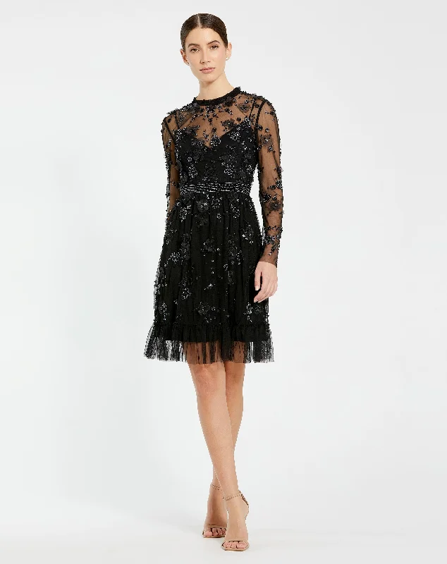 Can't Miss Sheer Long Sleeve Embellished Midi Dress