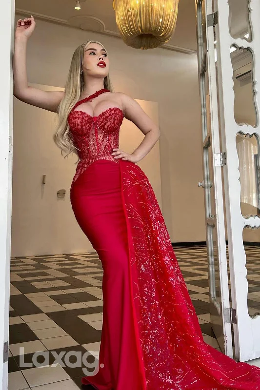 Steals and Deals 17778 - One Shoulder Lace Appliques Detachable Skirt Mermaid Formal Prom Party Dress