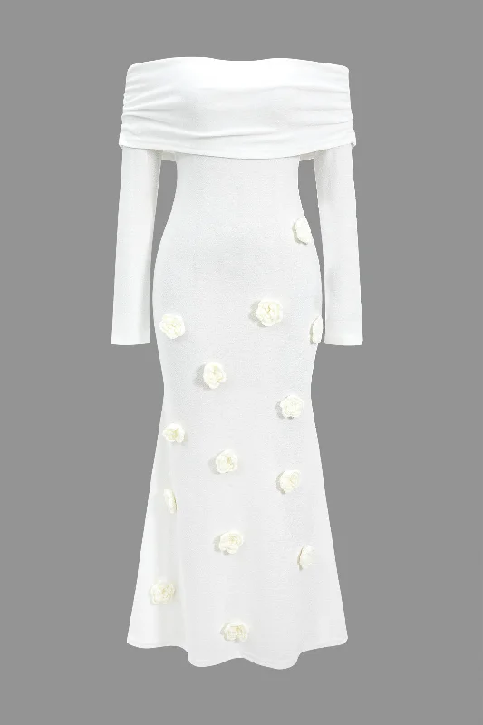 Seasonal Clearance 3D Floral Knit Off Shoulder Long Sleeve Dress