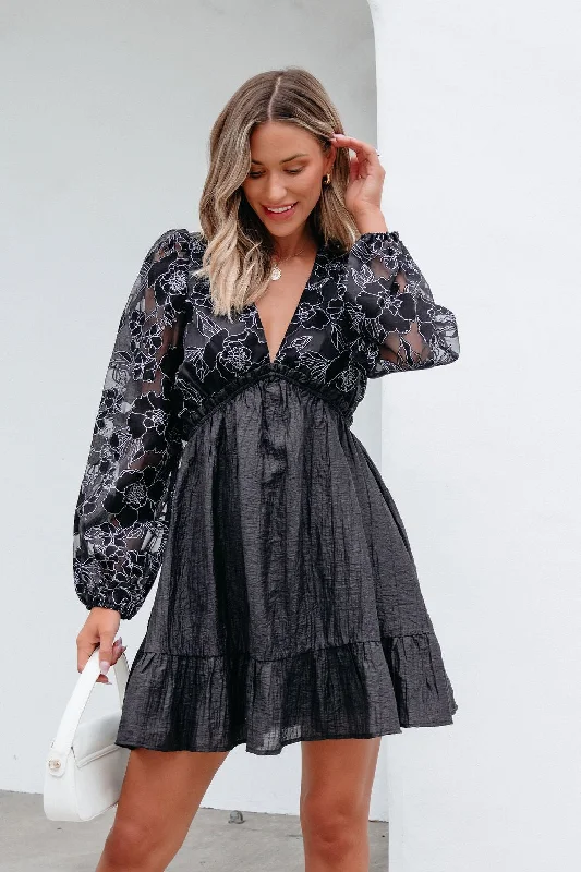 Holiday Sale Black Floral Sheer Sleeve Textured Mini Dress - FINAL SALE