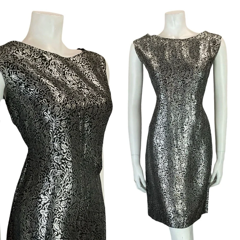 New Arrival VTG 60S MOD BLACK SILVER FLORAL SHINY PARTY SLEEVELESS MINI DRESS SIZE 14 16