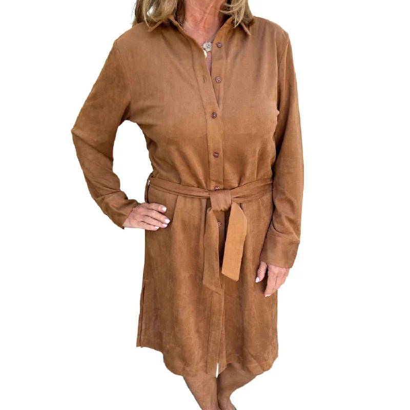 Super Deal Faux Suede Shirt Dress In Cognac
