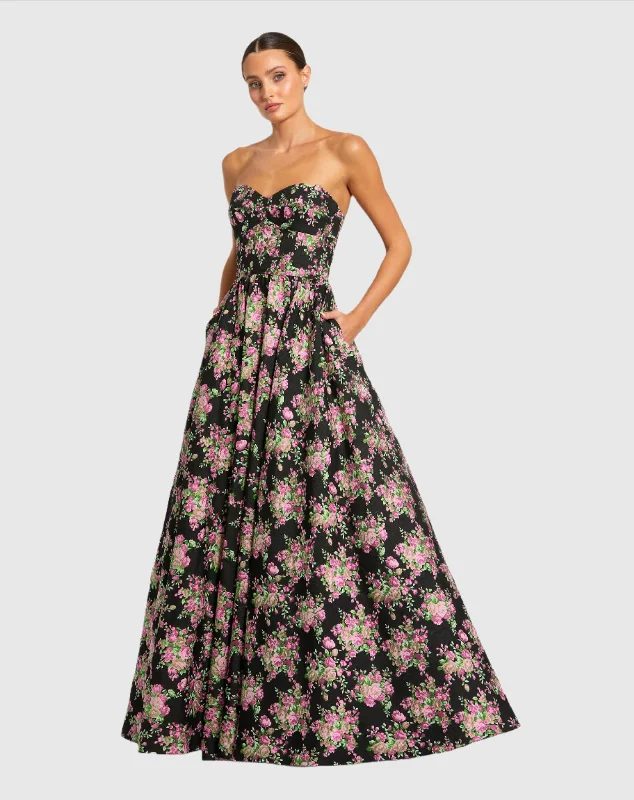 Year-End Sale Strapless Sweetheart Brocade Floral A Line Gown
