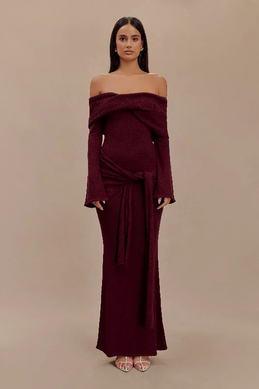 Weekend Flash Sale Cameron Off Shoulder Tie Maxi Dress - Merlot