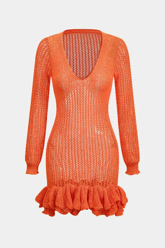 Bargain Blast Knit Mesh Scallop Edge Long Sleeve Dress