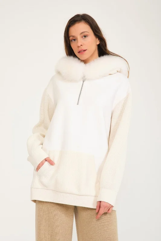 Instant Discount White Wool & Fox Fur Hoodie